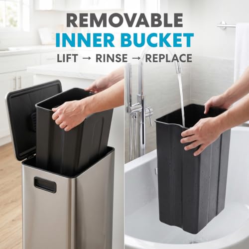SIMPLI-MAGIC Infinity Edge 13 Gallon (50L) Kitchen Trash Can - Hands-Free Step Pedal, Soft-Close Lid, Stainless Steel Garbage Can with Inner Bucket, Fingerprint-Resistant Finish, Silver - color: Silver, size: 13 Gallon