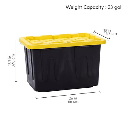 Plastic 23-Gallon Storage Tote with Lockable Lid, Stackable Tough Regular-Duty Bin for Garage, Tools, and Home Organization (2-Pack) - Black and Yellow - size: 23-Gallon (2-Pack)