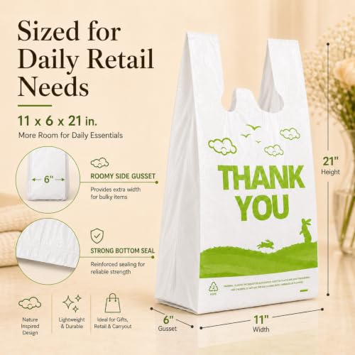 YoYoRain 1000 Count White Thank You T-Shirt Bags, 11 x 6 x 21 in - color: white green