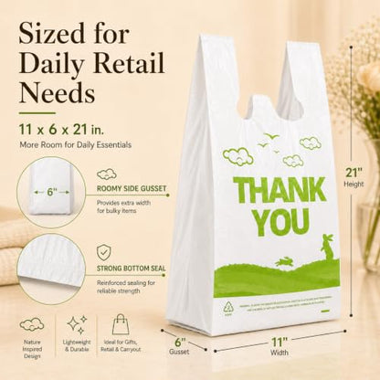 YoYoRain 1000 Count White Thank You T-Shirt Bags, 11 x 6 x 21 in - color: white green