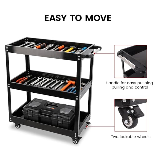 3-Tier Utility Cart, 330 Lbs Load Capacity, Heavy Duty Rolling Tool Cart with Wheels, Black Steel Service Cart for Workshop and Garage Storage