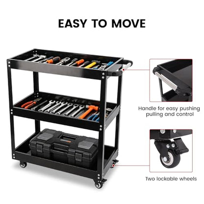3-Tier Utility Cart, 330 Lbs Load Capacity, Heavy Duty Rolling Tool Cart with Wheels, Black Steel Service Cart for Workshop and Garage Storage