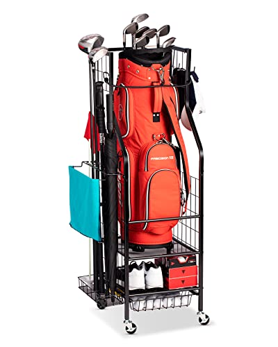 FHXZH Golf Bag Storage Garage Organizer - Golf Bag Stand with Wheels - color: Black - With Bottom Drawer Basket