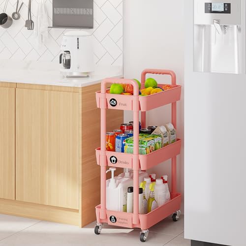 3 Tier Rolling Cart with Wheels, Utility Storage Carts,Pink - color: Pink, size: 3-Tier