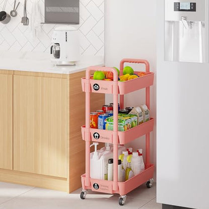 3 Tier Rolling Cart with Wheels, Utility Storage Carts,Pink - color: Pink, size: 3-Tier