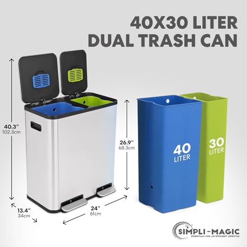 Simpli-Magic 70 Liter / 18.5 Gallon Rectangular Hands-Free Dual Compartment Recycling Kitchen Step Trash Can with Soft-Close Single Lid, Stainless Steel (40L x 30L Capacity), White - color: White, size: 70 Liter