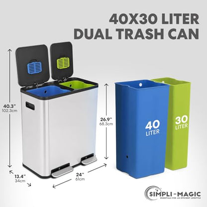 Simpli-Magic 70 Liter / 18.5 Gallon Rectangular Hands-Free Dual Compartment Recycling Kitchen Step Trash Can with Soft-Close Single Lid, Stainless Steel (40L x 30L Capacity), White - color: White, size: 70 Liter