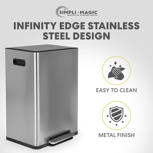 Simpli-Magic 16 Gallon (60L) Step Trash Can – Dual Compartment Kitchen Garbage Can – Waste & Recycling Bins, Slow-Close Lid, Odor Control, Hands-Free, Easy to Clean, Infinity Edge Stainless Steel - size: 60 L