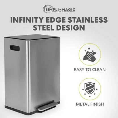 Simpli-Magic 16 Gallon (60L) Step Trash Can – Dual Compartment Kitchen Garbage Can – Waste & Recycling Bins, Slow-Close Lid, Odor Control, Hands-Free, Easy to Clean, Infinity Edge Stainless Steel - size: 60 L