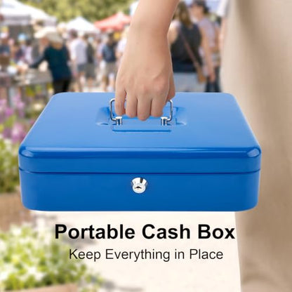 Jssmst Metal Cash Box with Money Tray and Lock, Portable Cash Drawer, 11.8" - color: Blue Key-C