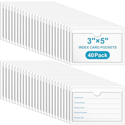 40 Pack 3" x 5" Index Card Pockets with Top Open Self-adhesive Index Card Holders Clear Plastic Labels Holders for Storage Bins, Organizing