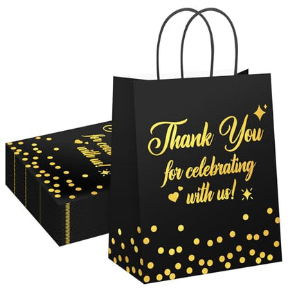 QIELSER 30 Pack Thank You Gift Bags, Black and Gold Wedding Gift Bags for Guests, 8 x 4.75 x 10 in Thickened Kraft Paper Bags with Handles, Wedding Welcome Bags for Parties, Showers & Events - color: Black