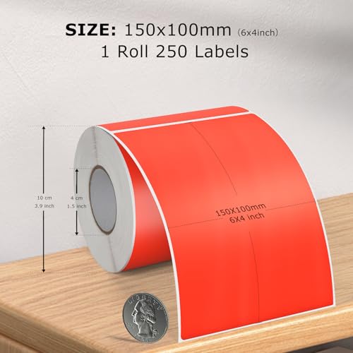 Direct Thermal Label Red Vinyl 4 x 6 Inch Printer Sticker 250 PCS - color: Red