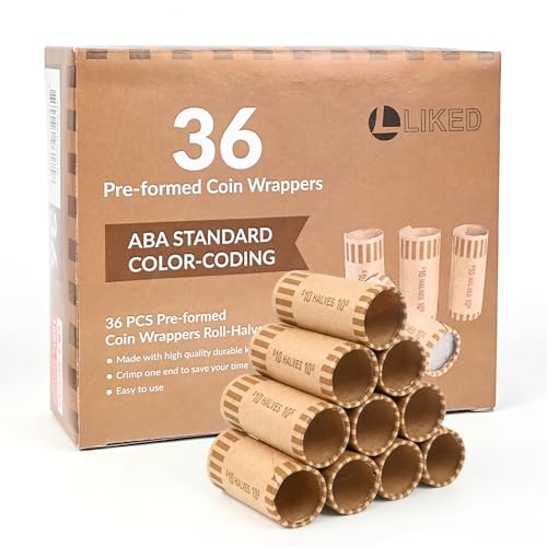 LLIKED 36 PCS Preformed Coin Wrappers Rolls-Halves, Brown - size: 36 Halves Coin Rolls