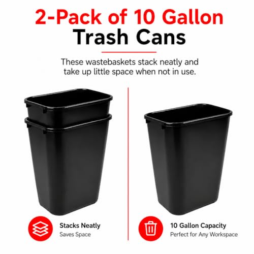 10 Gallon Black Wastebasket Under Desk Plastic Trash Can | 2 PACK - size: 10.5 Gallon