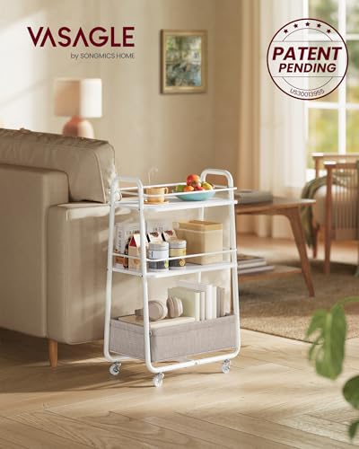 VASAGLE Storage Cart with Fabric Basket, 3-Tier Rolling Utility Cart - color: Cloud White + Camel Brown, style: 16.9"D x 11.8"W x 31.9"H