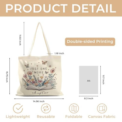 Cute Canvas Tote Bag for Women, Book Totebag with Zipper Pocket - color: Just One More Chapter
