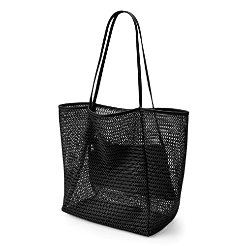 KALIDI Beach Mesh Tote Bag, Casual MAX 23L Summer Foldable Hobo Bag Women - color: Black