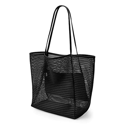 KALIDI Beach Mesh Tote Bag, Casual MAX 23L Summer Foldable Hobo Bag Women - color: Black