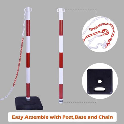 4 Pack 40" Traffic Chain Stanchion Set – Red White Safety Posts with Weighted Rubber Base, 20Ft Chain Barrier for Crowd Control, Parking, Construction, Work Zone