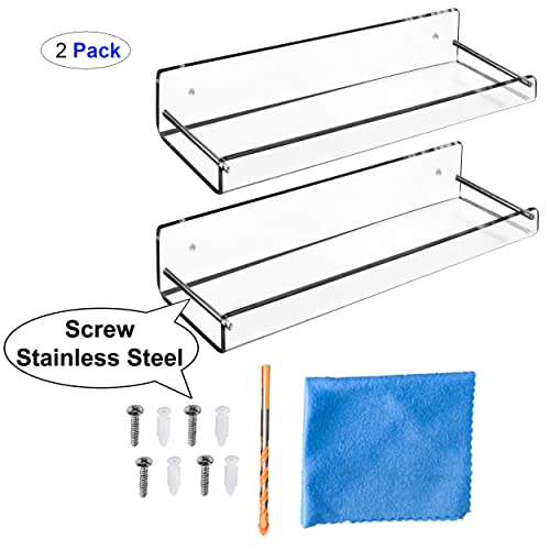AMT 2 Pack Acrylic Floating Shelves, 15" L x 4" W, Clear Bathroom Wall, Bookshelves, Invisible Display for Office, Bedroom, Small Gap Allows Water to Escape, Free Screws & Drill Bit (L- New Model) - size: Large - New Model
