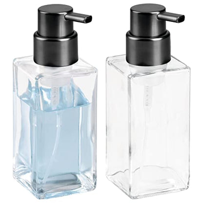 mDesign Glass Refillable Foaming Hand Soap Dispenser Modern Square Pump Bottle for Bathroom Vanities or Kitchen Sink, Countertops - 2 Pack - Clear/Black - color: Clear/Brushed Black