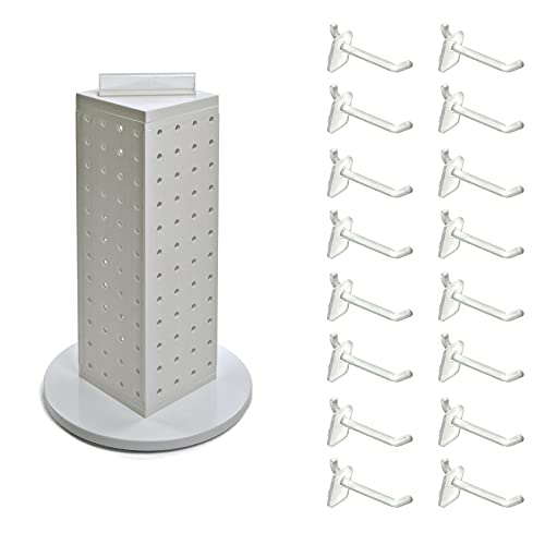 Azar Displays 700220-WHT-2W16 Four-Sided 4”W x 12” Revolving Pegboard Tower Kit Counter Display with 16-Pack of 2 inch Locking Hooks, White - color: White, style: Pegboard + Hooks