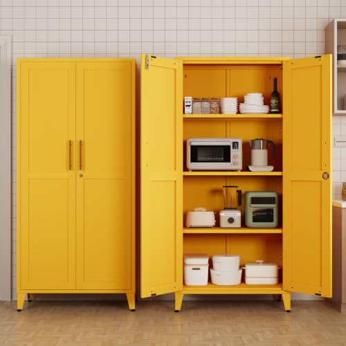 61" Tall Yellow Lockable Metal Storage Cabinet, Farmhouse Pantry Cabinet with 2 Square-Pattern Doors & 3 Adjustable Shelves, Freestanding Cupboard with Legs for Home, Office, Laundry, Entryway - color: Mustard, style: Cabinet-61"H-DL
