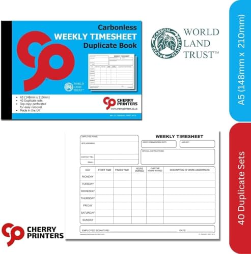 Cherry Printers | NCR | Weekly Timesheet | Duplicate Book | A5 | 40 Sets