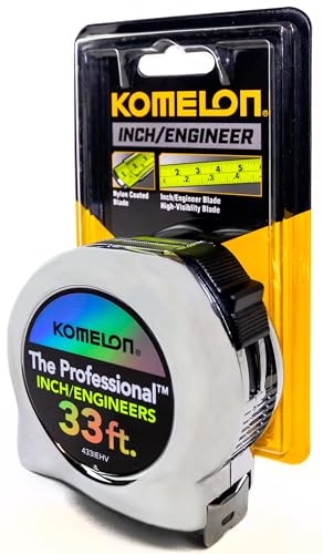Komelon 433IEHV High-Visibility Professional Tape Measure both Inch and Engineer Scale Printed 33-feet by 1-Inch, Chrome - size: 10.1 m