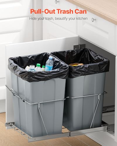 VEVOR Pullout Trash Can for Kitchen Cabinets, 35 QT x2 Double Under Sink Garbage Waste Recycling Bin, Under Mount Waste Container, with Heavy Duty Metal Full Extension Sliding System and Handle Grey - size: 70QT(35QTx2)