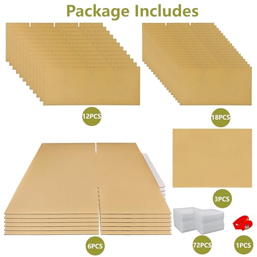 3 Sets Moving Boxes with Divider Kits,16 x 12 x 13 Inch Glassware Dish Packing Box Kitchen Moving Box Corrugate Dividers with 72 Pcs Foam Pouches,1 Pcs tape rolls with dispenser(Two Layer) - size: 16x12x13In-Cup Packaging