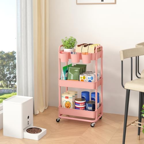 JIUYOTREE 3-Tier Plastic Rolling Storage Cart Utility Cart Pink - color: Pink, size: 3-Tier