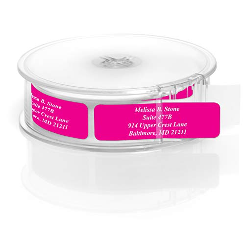 Pink Colored Personalized Name Address Labels with White Print and Elegant Plastic Dispenser - Roll of 500 - color: Pink, size: Roll of 500