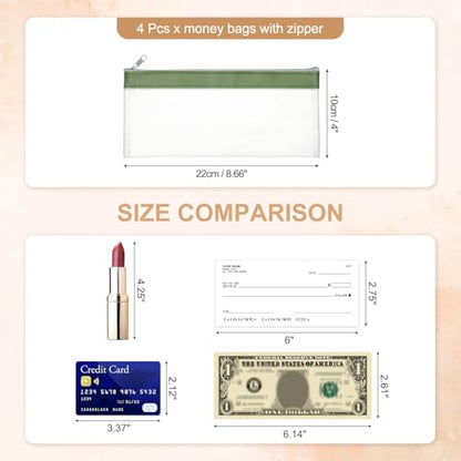 PATIKIL 8.7x3.9 Inch Money Bags with Zipper, 4 Pcs Clear PVC Cash Deposit Bank Pouch Envelopes Makeup Bag Check Wallet for Coin Cosmetics Bill, Green - color: Green