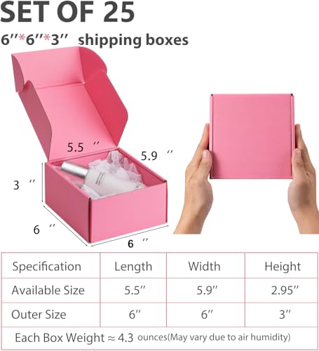 6x6x3 inch Pink Shipping Boxes for Small Business- Set of 25 - color: Pink, size: 6x6x3
