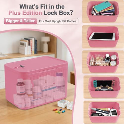 Upgraded Taller Lock Box for Medication, Phone Jail & Snacks – Large Lockable Storage Box with 3-Digit Combination Lock, Food-Safe BPA-Free Plastic– Medicine Lock Box for Home, Fridge, Travel - color: Pink Plus