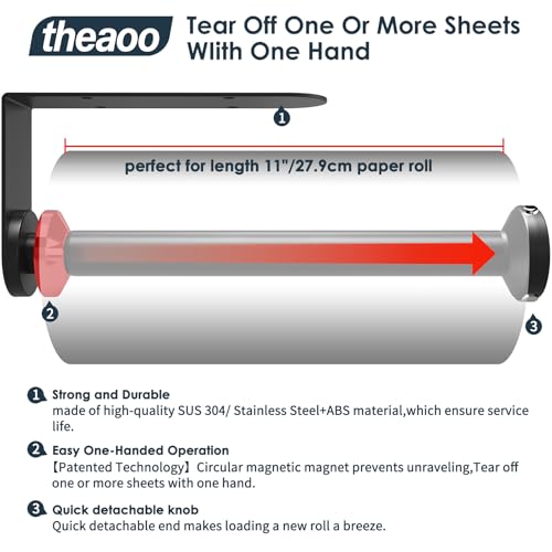 theaoo Paper Towel Holder Under Cabinet, One-Hand Tear, Wall Mount, Silver - color: Silver