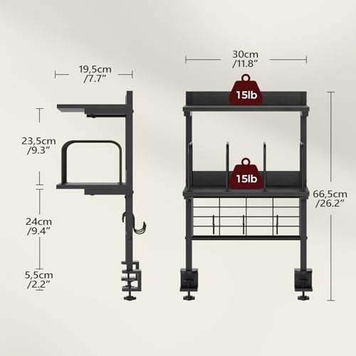 MAHANCRIS Clamp on Desk Shelf, 2 Tier Desk Storage Organizer, Desktop Bookshelf with Hooks and Divider, Desk Accessories for Study and Gaming Room, Black DSBK4501