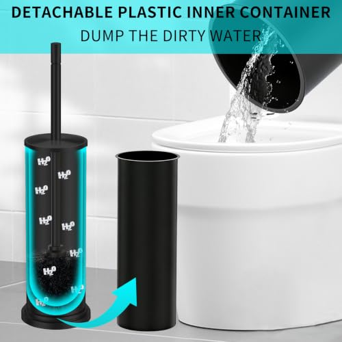Toilet Brush and Holder Set,304 Stainless Steel Toilet Brush for Bathroom with Long Handle, Heavy Duty Toilet Bowl Brush,Removable Inner Bowl and Splash Protection,Deep Cleaning (Black) - color: Black