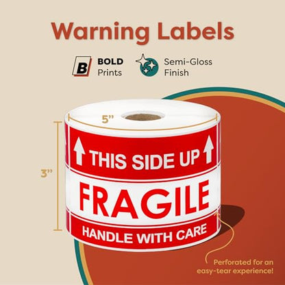 3" X 5" This Side Up Arrow - Handle with Care (1 Roll, 500/Roll) - color: Red/White (This Side Up Fragile)