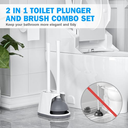 Toilet Plunger and Brush Set, Bowl Brush and Heavy Duty Toilet Plunger with Ventilated Holder, 2-in-1 Toilet Brush and Plunger Combo for 5.3-inch Toilet Drain Bathroom Deeply Cleaning(White & Grey) - color: White & Grey01