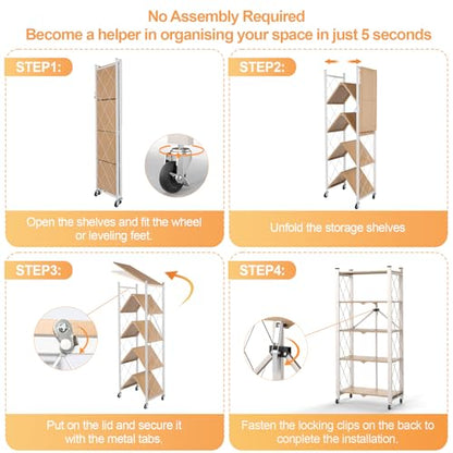 5-Tier Foldable Storage Shelves with Wheels Wood Grain Transfer - color: Natural, size: 5 Tier