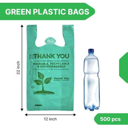 Pack of 500 T-Shirt Bags with Handles 22" x 12" Biodegradable Green Plastic Shopping Thank You Bags for Supermarket Groceries Retail Store Restaurant Small Business and On The Go Use - style: 500 pcs