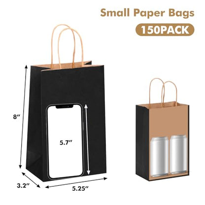 OUTUXED 150pcs Black Paper Bags with Handles, 5.25x3.2x8in Small Gift Bags - color: Black 5.25x3.2x8in, size: 1 Count (Pack of 150)