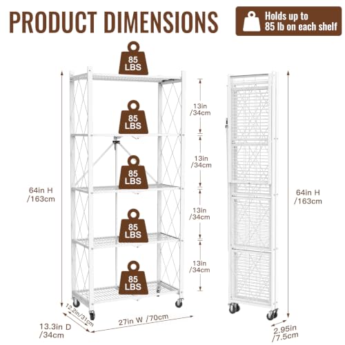 black leopard 5-Tier Foldable Metal Storage Shelf with Wheels, White - color: White, size: 5-Tier