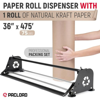 36" Paper Dispenser with Cutter + 75 lb Natural Brown Kraft Paper Roll - color: 1 Roll + Dispenser, size: 36" x 475' 75 Lb