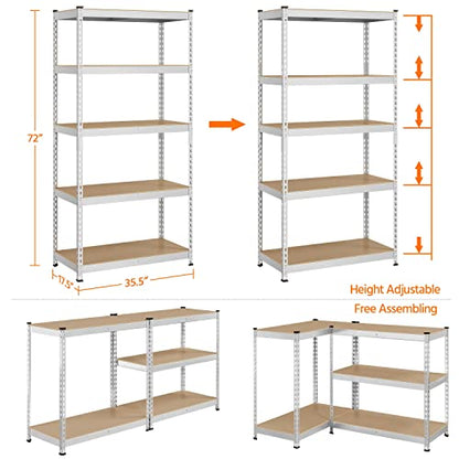 Topeakmart 5 Tier Metal Storage Shelving Unit, 35.5x17.5x72 Inch Silver - color: Silver, size: 35.5 x 17.5 x 72 Inch