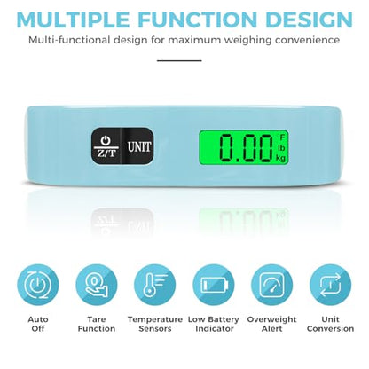 BAGAIL Digital Luggage Scale, 110lbs Hanging Baggage Scale with Backlit LCD Display, Portable Suitcase Weighing Scale, Travel Luggage Weight Scale with Hook, Strong Straps for Travelers - color: Mint