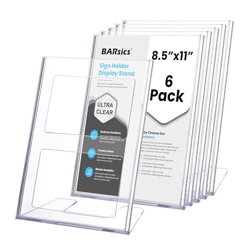 BARsics Plastic Sign Holder 8.5x11 Clear, Top-Load Paper Standing Display (Pack of 6)